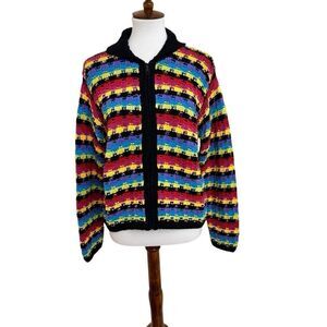 Marisa Christina Knitted by Hand Black Rainbow Full Zip Sweater Cardigan Large
